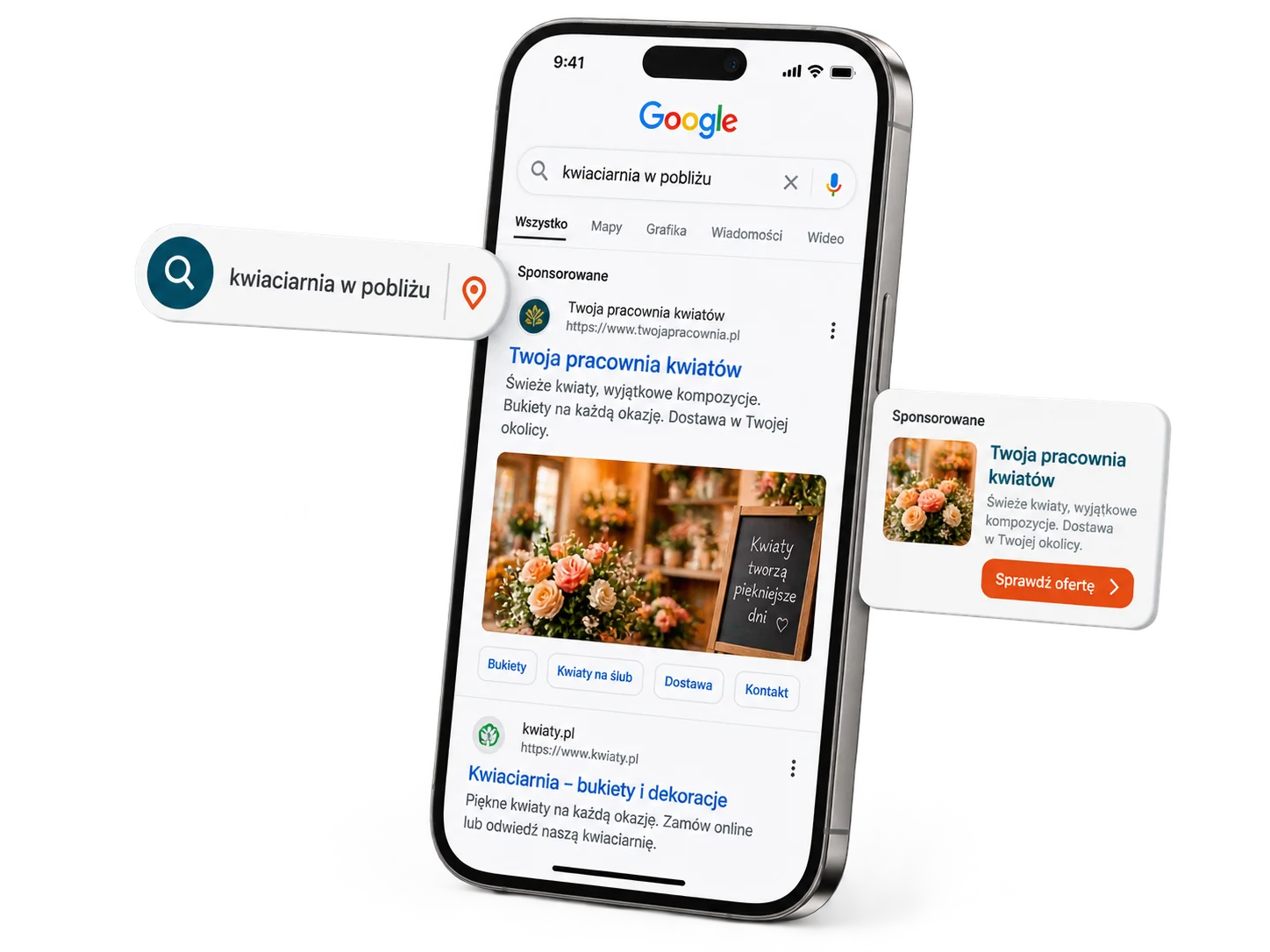 Koncepcja reklamy lokalnej kwiaciarni w wyszukiwarce Google na telefonie